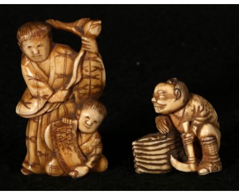 Small Japanese ivory okimono depicting a woman holding a lotus flower with child at her feet and a netsuke depicting a woodcu