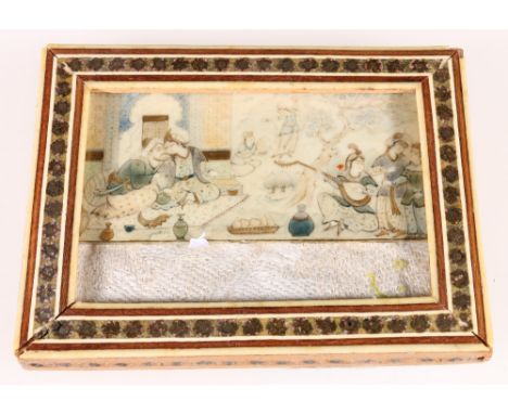 19th Century Persian miniature ivory panel finely painted with two figures in a palace courtyard garden with dancers and musi