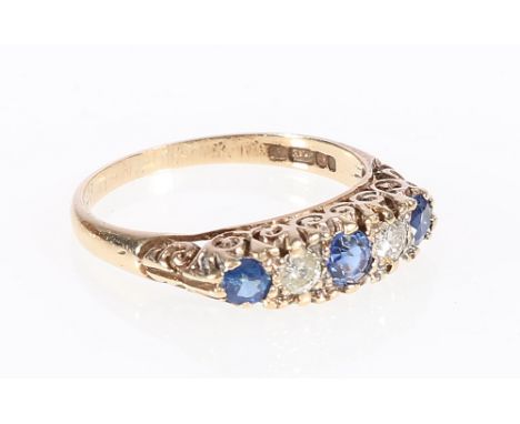 Diamond and sapphire five-stone ring, of Edwardian style in 18ct gold, 1976.