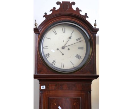 Victorian line inlaid mahogany drumhead longcase clock, 215cm. CONDITION REPORT: Dial worn and lacking seconds hand.  The hoo