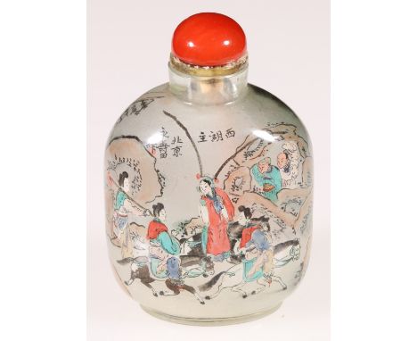 A Chinese early 20th century interior painted glass snuff bottle of slightly flattened spherical form, the interior painted w
