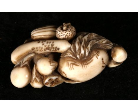 Japanese ivory netsuke depicting vegetables, gourds, lotus roots etc, 4.5cm, Meiji