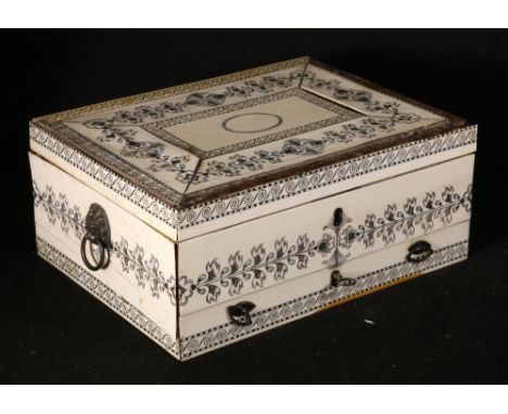 Vizagapatam sewing box, the sandlewood box decorated with ivory and inked detail, lidded box compartments and thread holders 