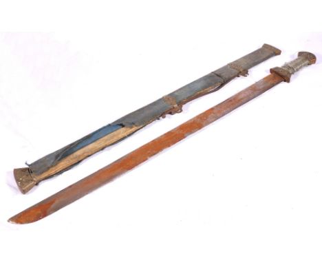 Tibetan dao or sword with wide flat single edged blade, silver coloured wire wrapped grip with pierced decorative pommel depi
