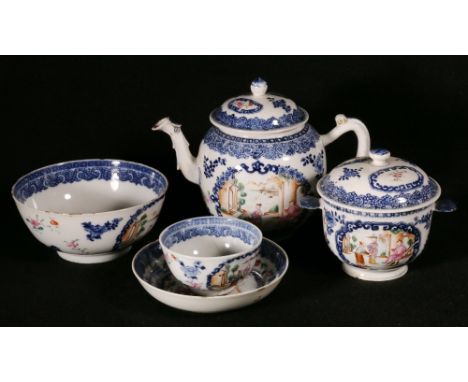 Chinese late 18th century or early 19th century part teaset decorated with famille rose figure panels and flower sprigs with 