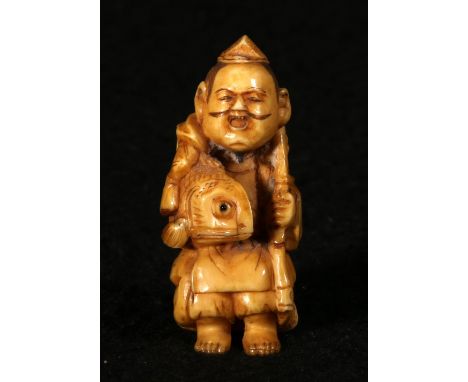 HARUMITSU, Japanese ivory netsuke of Ebisu holding a large fish and a fishing pole, signed, 5.5cm, Meiji