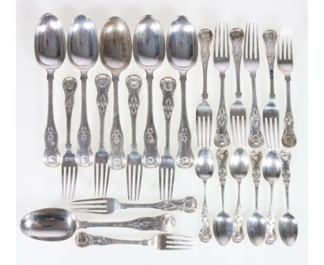 Part canteen of single struck Kings style pattern silver flatware, comprising six tablespoons, twelve dessert forks and six t