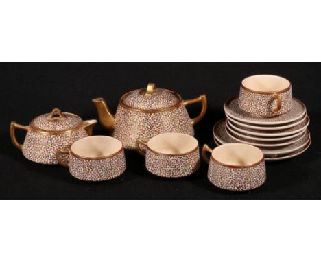 Satsuma part teaset, the teapot of flaring squat form, decorated with multiple butterflies, comprising teapot, milk jug, two 