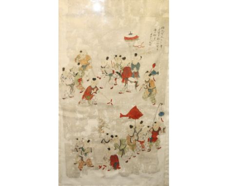 19th century Chinese scroll painting (re-backed) depicting children in a procession with toys, kites, peach branches etc. sil