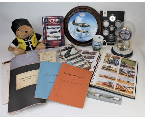 A collection of RAF memorabilia comprising of a teddy bear, RAF related photo albums, a clock, commemorative plate and other 