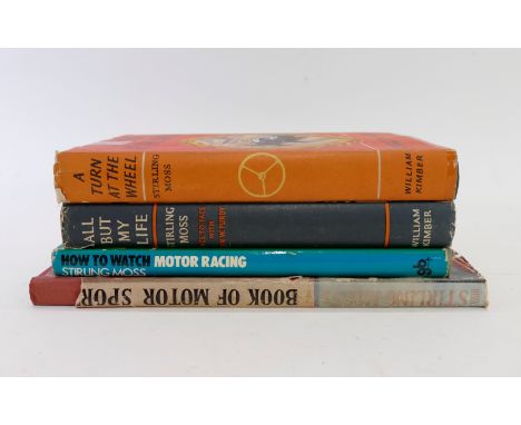 A collection of books including a number of publications by Stirling Moss, such as the book of motor sport, how to watch moto