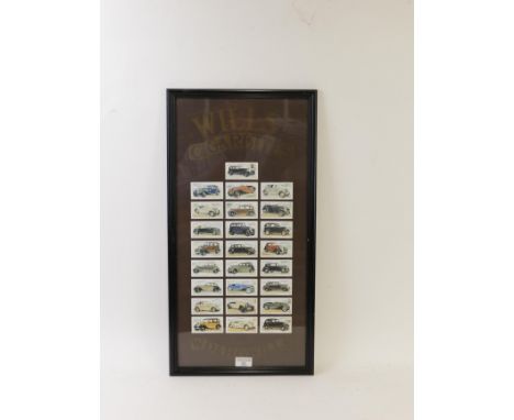 A collection of cigarette cards of vintage cars framed as one 
