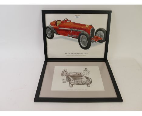 A reproduction print titled '1934 Alfa Romeo P3 monoposto type B together with a second print of a MG rally Monte Carlo 1963 