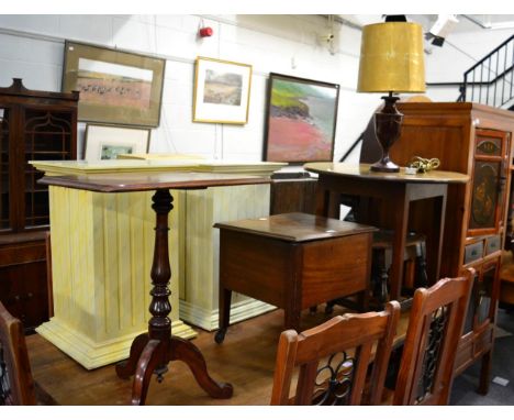 Three various tables; a commode stool and a table lamp 