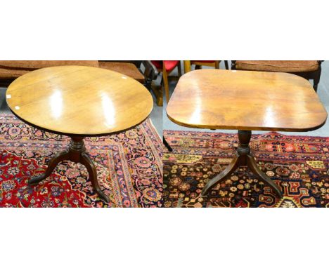 ^ A George III oak tilt top tripod table with a circular top and another rectangular topped example with rounded corners