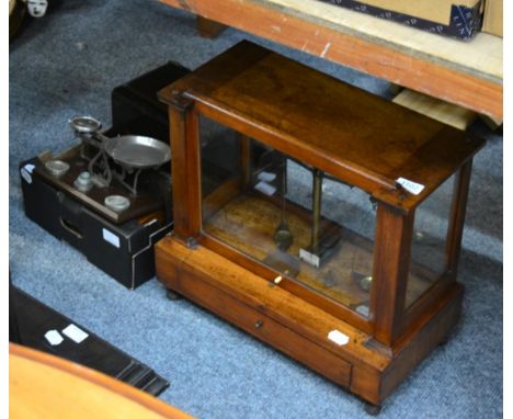 An oak cased balance, cased draughtman's tools, weights, etc 