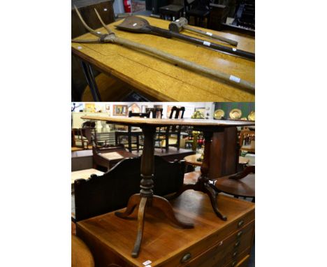 ^ Two George III oak tripod tables, one with a tilt top; and three vintage tools 