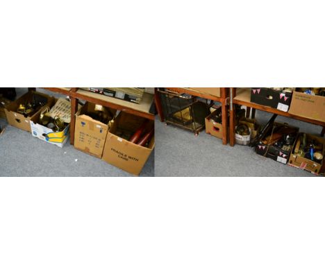 Fourteen boxes of miscellaneous collectables, silver plate and other metal wares including brass vases, copper kettles, photo