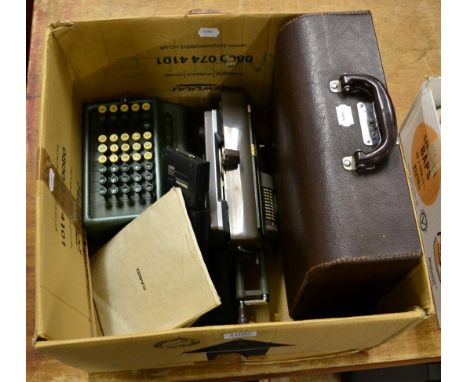 Imperial portable typewriter; two mechanical calculators - NCM & London Plus and Casio FX702P; an Atari portfolio and a small