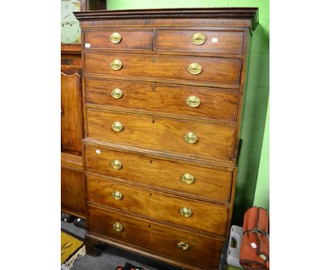 A George III mahogany tallboy, moulded cornice above two short and six long drawers, oval brass handles, bracket feet, 178cm 