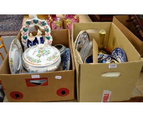 Two boxes of ceramics, glass and oil lamp 