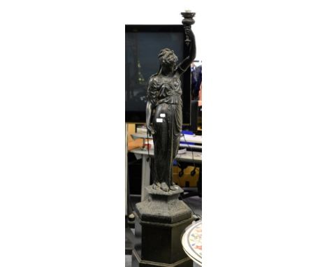 ^ A reproduction spelter figure of a classical maiden holding a torch aloft, on a plinth base (converted to a lamp)