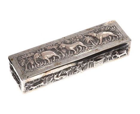 INDIAN SILVER EMBOSSED TRINKET BOX WITH HINGED LID. HEIGHT: 1 INCH.WIDTH: 6 INCHES.DEPTH: 2 INCHES.IN GOOD CONDITION.