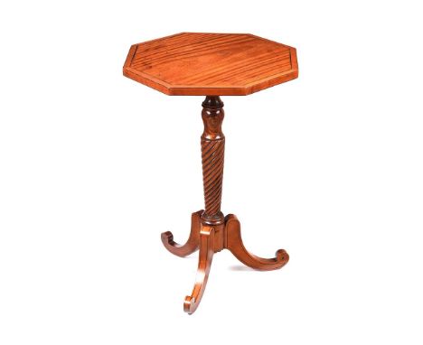 REGENCY SATINWOOD LAMP TABLE WITH BARLEY SUGAR COLUMN. RAISED ON THREE SPLAYED LEGS.HEIGHT: 28 INCHES.WIDTH: 18½ INCHES.DEPTH