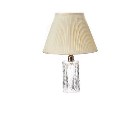 WATERFORD CRYSTAL TABLE LAMP & SILK SHADE.HEIGHT: 19 INCHES.IN GOOD CONDITION.