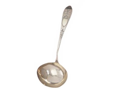 IRISH BRIGHT CUT SILVER SAUCE LADLE. DUBLIN 1810. MAKER'S MARK WORN. LENGTH: 6½ INCHES.SLIGHT WARE.