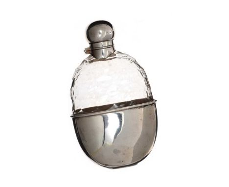 SILVER & GLASS HIP FLASK. LONDON, 1895. MAKER WILLIAM HUTTON & SONS LTD. HEIGHT: 5 INCHES.WIDTH: 3 INCHES.DEPTH: 1 INCH.IN GO