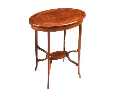 EDWARDIAN INLAID MAHOGANY OVAL LAMP TABLE.RAISED ON FOUR SPLAYED LEGS WITH UNDERSTRETCHER. HEIGHT: 28 INCHES.WIDTH: 24 INCHES