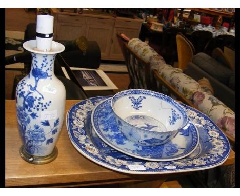 A blue and white meat plate, oriental vase converted to lamp etcCONDITION REPORTSee further images