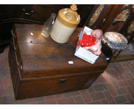 Metal trunk, together with old doll, stone bottle, etc. 