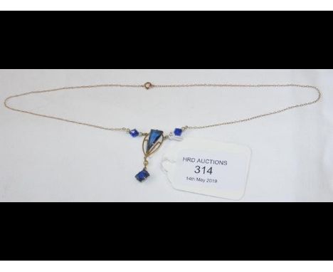 A 9ct gold sapphire and seed pearl pendant and necklace 