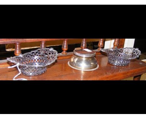 A silver Capstan Inkwell, together with a pair of bonbon dishes 