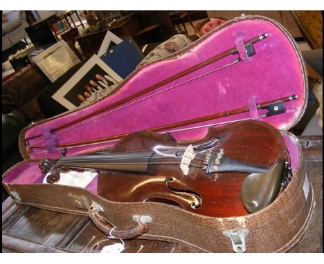 Antique violin in carrying case with bow CONDITION REPORTSee further images; overall length - 60cms; length of back - 37cms i