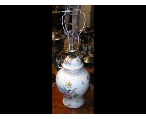 A 36cm high hand painted table lamp with cross sword mark to base CONDITION REPORTAge is early/mid 20th century; small chip u