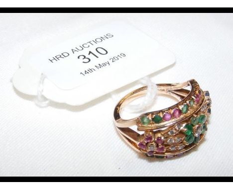 A 14ct gold diamond, emerald, ruby and sapphire ring 