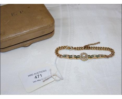 A lady's 18ct gold diamond, pearl and enamel bracelet, in original Geneva presentation case - marked 750 CONDITION REPORTAppe