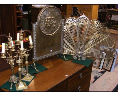 A pair of decorative candelabra, fire screen 