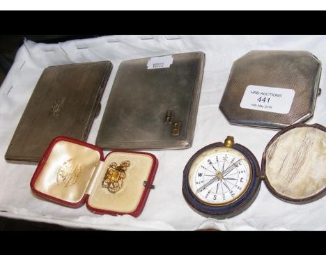A seed pearl commemorative brooch, pocket compass, together with silver cigarette cases 