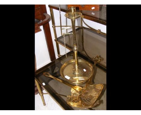 Antique brass candlestick with reflector, together with other brass ware 