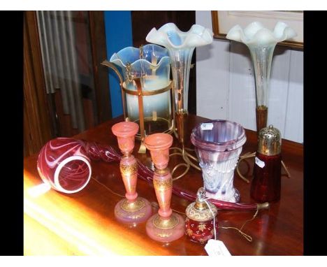 Vaseline glass vases, etc. CONDITION REPORTVaseline glass lamp in good condition; 17cms pink candlesticks in good condition