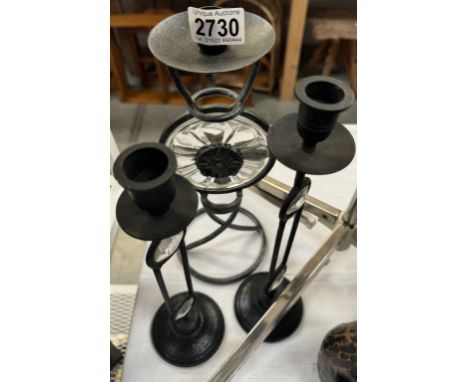 A pair of metal &amp; glass candle stick holders &amp; 1 other