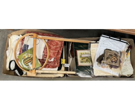 2 boxes of tapestry &amp; crafting fabrics etc.