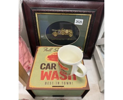 A 1911 Prince Henry Vauxhall steam punk picture made from watch parts &amp; A car wash mug in box. Picture 37 x 32cm
