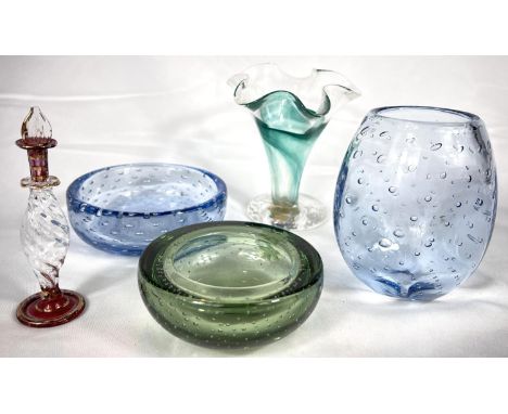 Three pieces of Whitefriars style bubble glass and a selection of cut glass vases; 6 liqueur shot glasses, various others inc