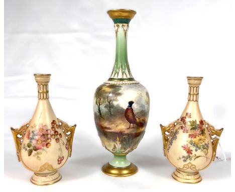 Royal Worcester: a small pair of ovoid peach ground vases enamelled with flower sprays, 11.4cm and a Hadley's Worester vase d