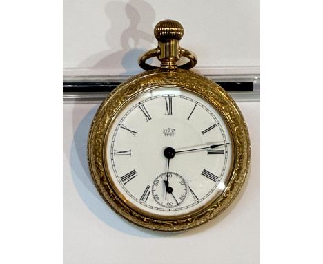 A WATERBURY Duplex gilt cased pocket watch with ornate engraving, early 20th Century.